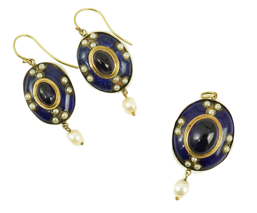 A Victorian gold, cabochon amethyst, enamel and seed pearl set lapis lazuli suite of jewellery